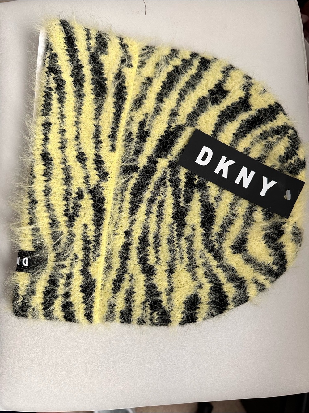 NWT DKNY Yellow & Black Fuzzy Zebra Beanie